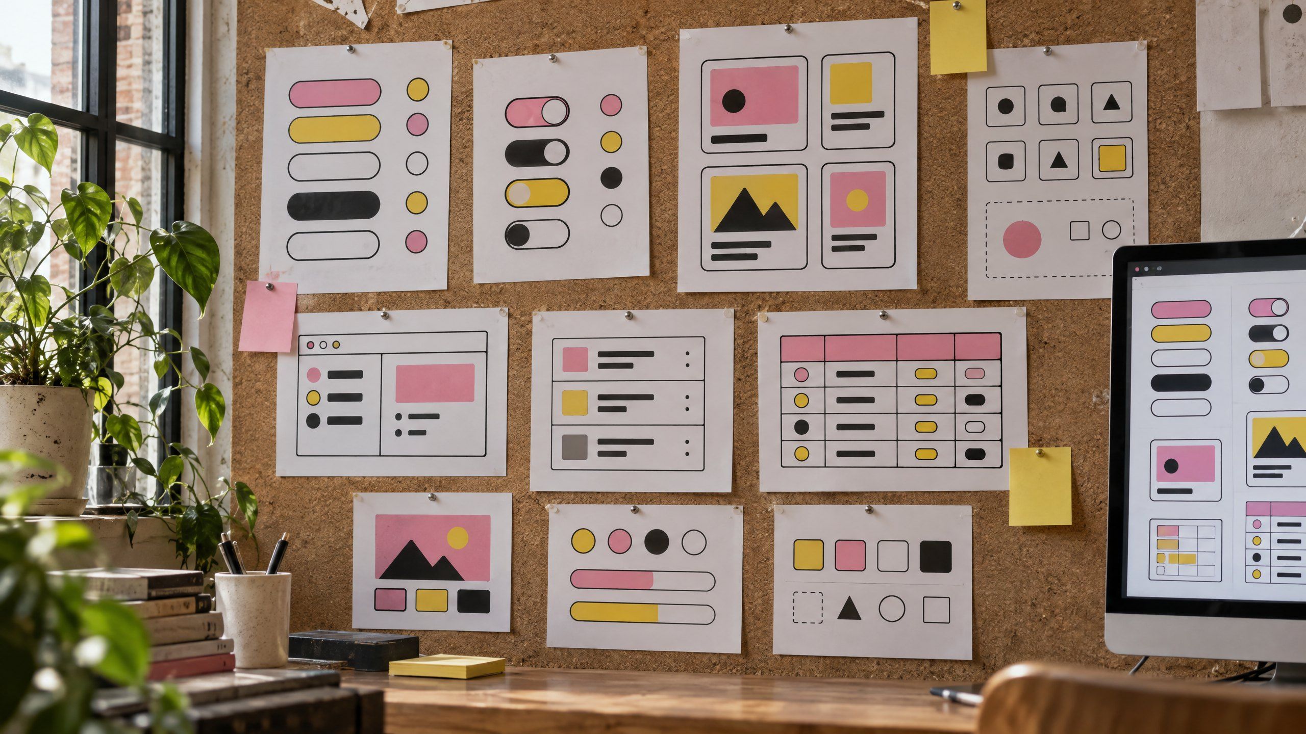 Printed sheets of interface components pinned to a cork wall next to a monitor showing the same components in code