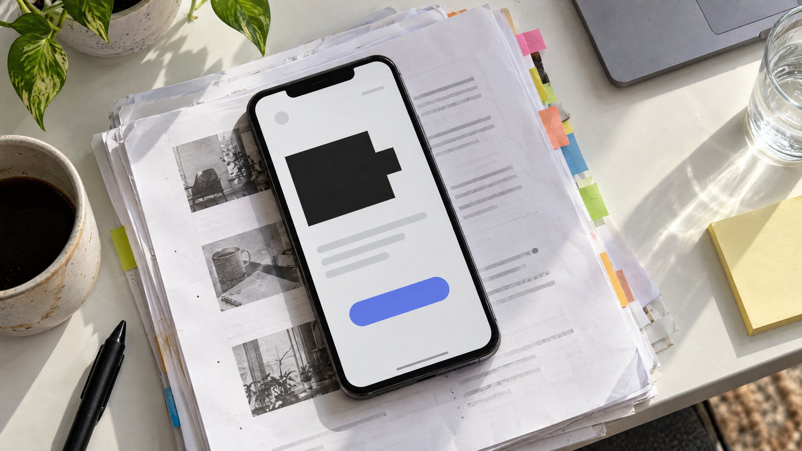 A phone leaning on a stack of printed interview notes, showing a clean landing page with a large headline and a blue sign-up button