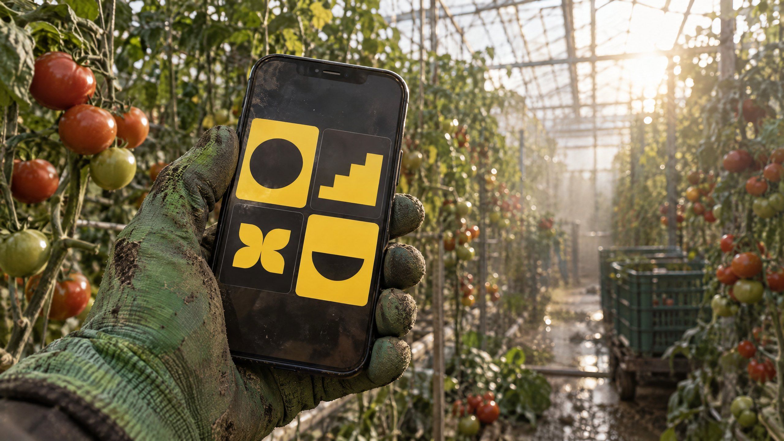 A phone held in a gloved hand inside a greenhouse, showing a dashboard with large temperature and humidity tiles