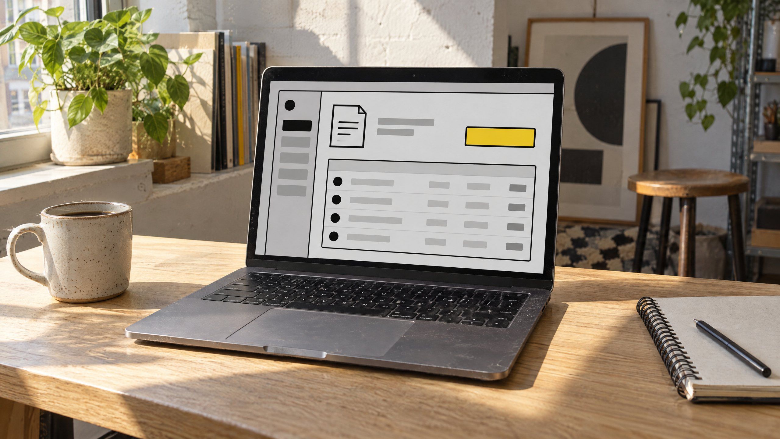 A laptop on a desk showing an invoicing app with a bright yellow "Send invoice" button and a list of clients