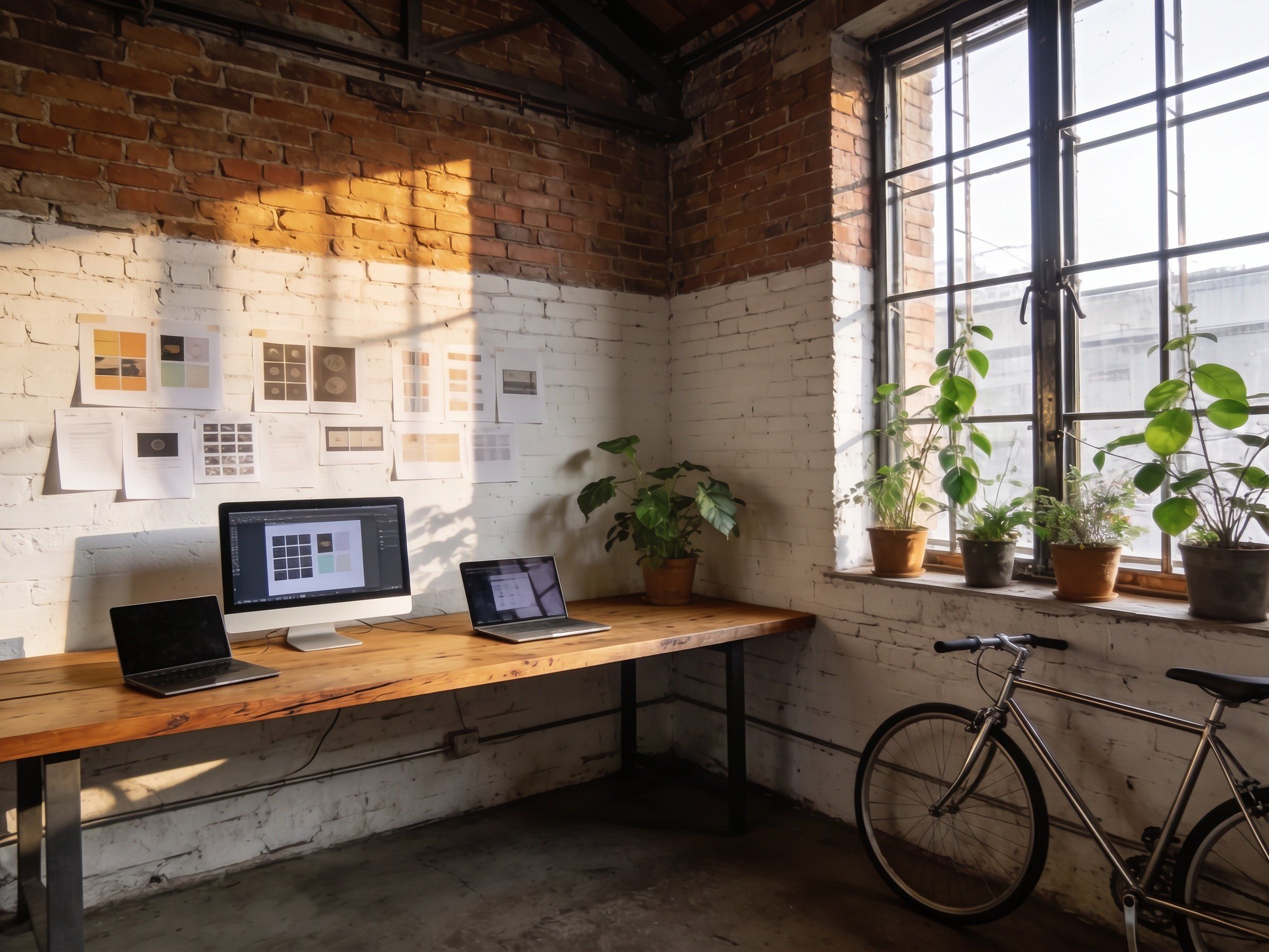 A long wooden worktable in a bright studio with two monitors, printed screen designs taped to a wall and a row of plants by the window